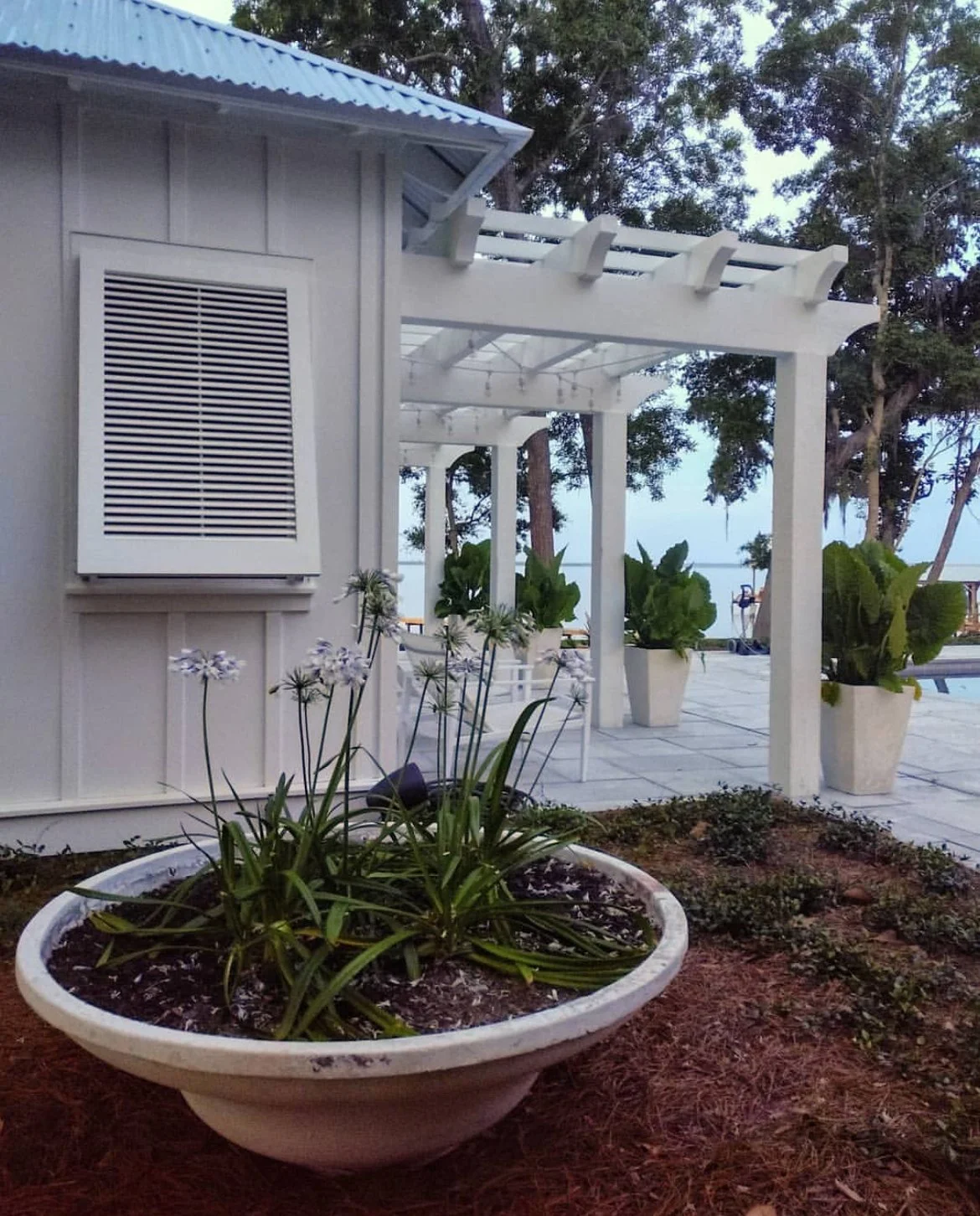 A white planter with purple flowers in the foreground, a white house with a vent on the side, large potted plants and trees outdoors, and a patio with a view of the ocean in the background.