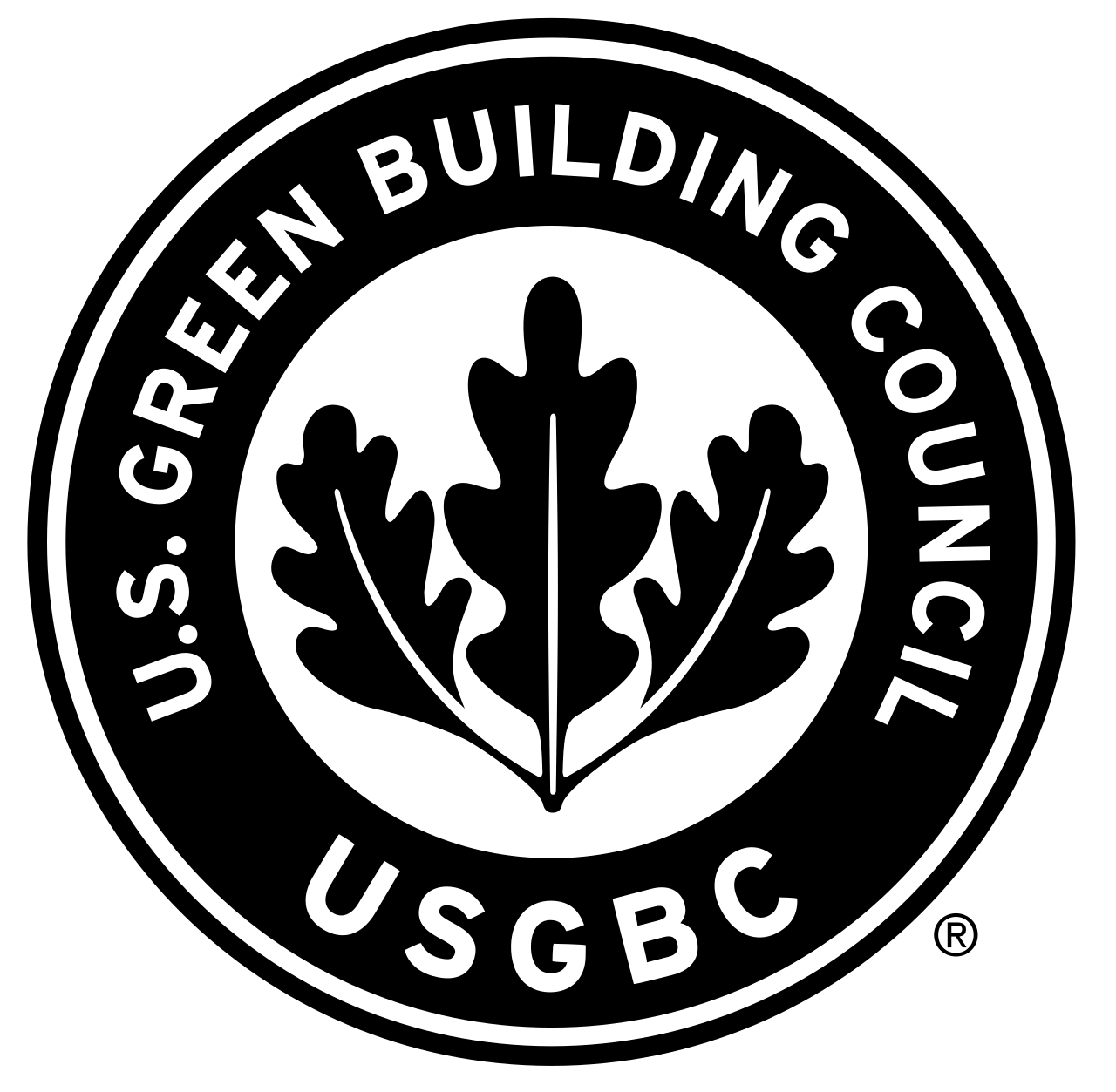 Black and white circular logo for the U.S. Green Building Council with a stylized oak leaf in the center.